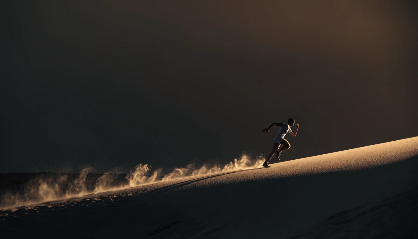 Runner sprinting up a sand dune at dusk